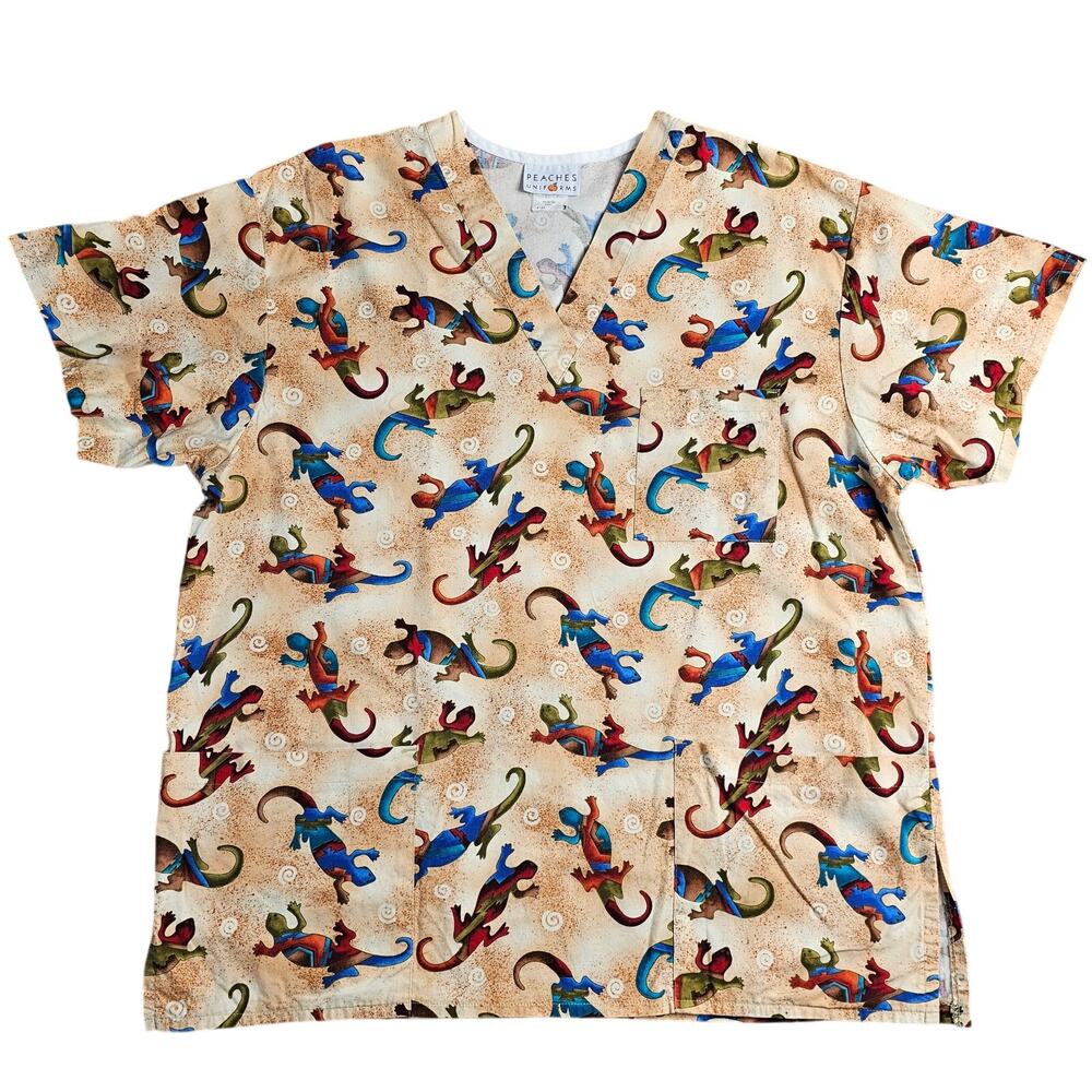 Scrub Top Southwestern Lizard Novelty Print Peaches Uniforms Womens Size Large